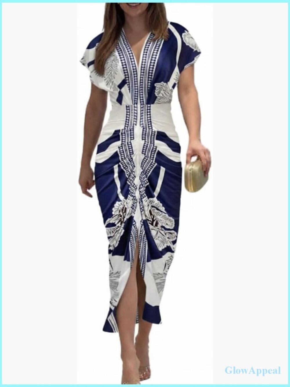 Floral Plunge V Neck Midi Dress Ruched Slit Bodycon Party